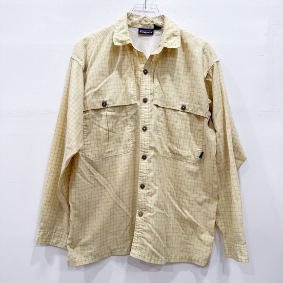 Patagonia Yellow Grid Print Long Sleeve Button Down Shirt Large *flawed* - Picture 1 of 9